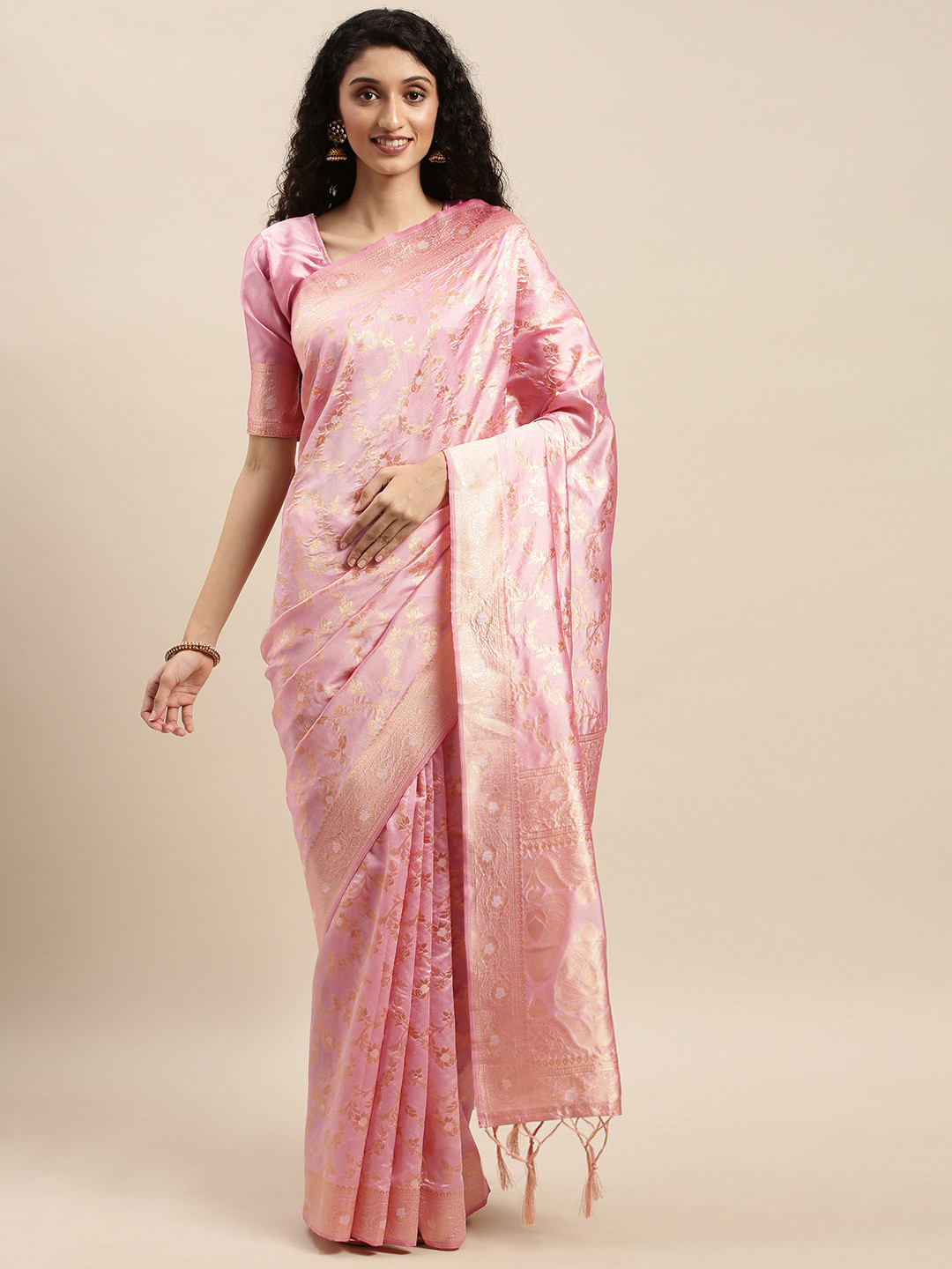 Mitera Pink & Cream-Coloured Woven Design Banarasi Saree