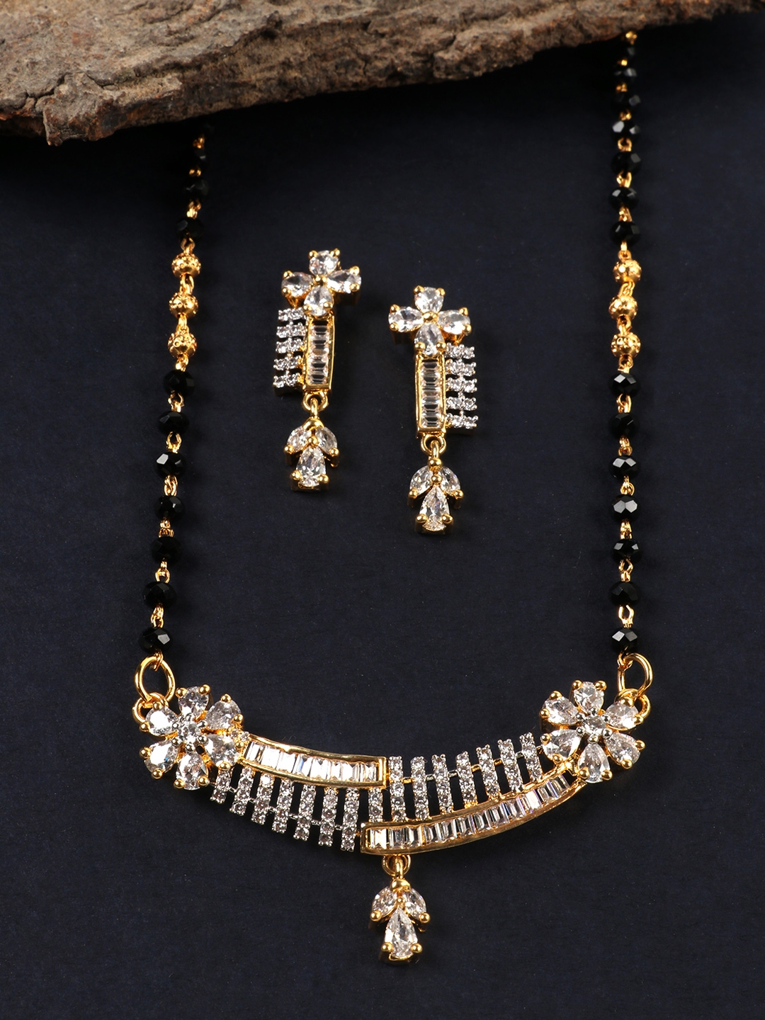 JEWELS GEHNA Black Gold Plated AD Studded Mangalsutra   Earrings Set