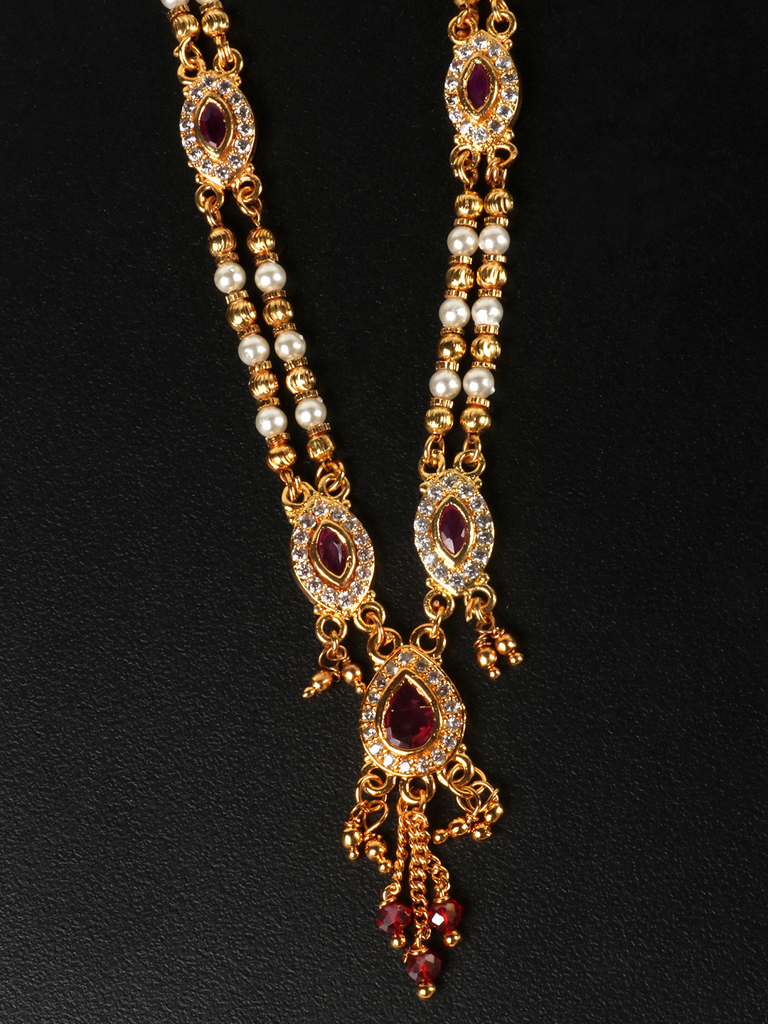 JEWELS GEHNA Magenta & White Gold-Plated AD-Studded Handcrafted Dual-Stranded Necklace