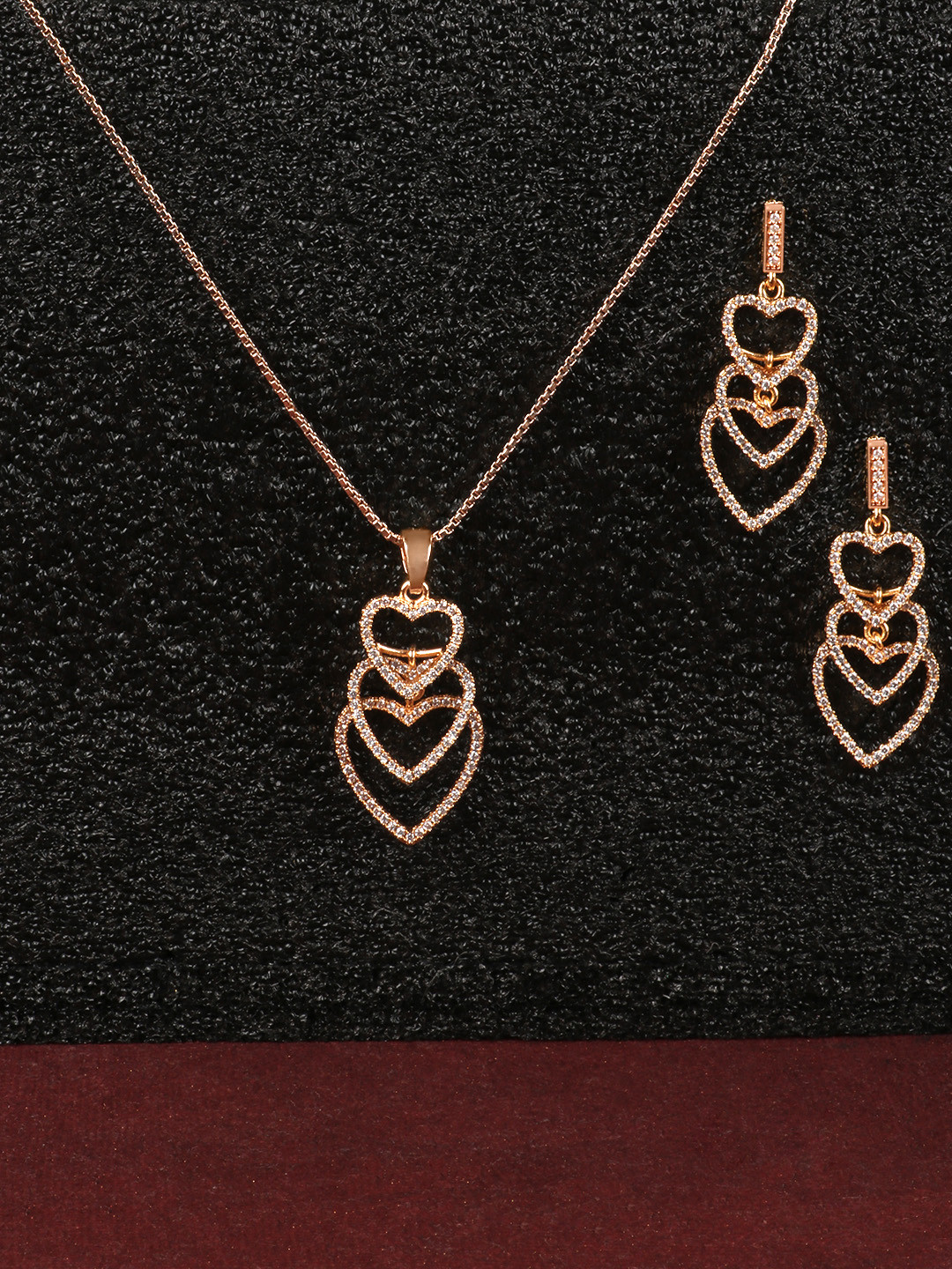 JEWELS GEHNA Rose Gold-Plated AD Studded Heart Shaped Pendant with Chain & Earrings