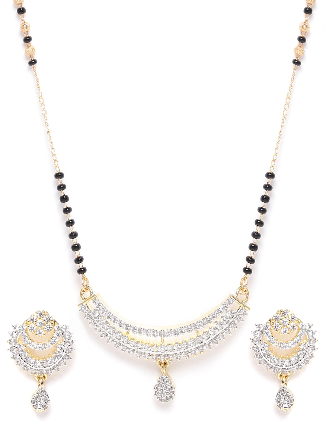 JEWELS GEHNA Black Gold-Plated AD-Studded Mangalsutra & Earrings Set