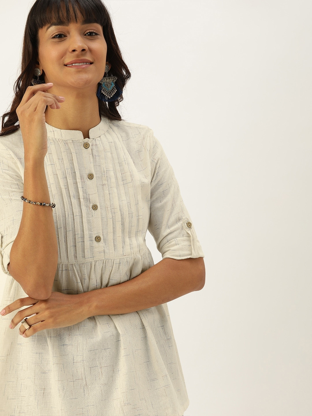 Taavi Women Cream-Coloured Woven Legacy A-Line  Sustainable Top with Roll-Up Sleeves