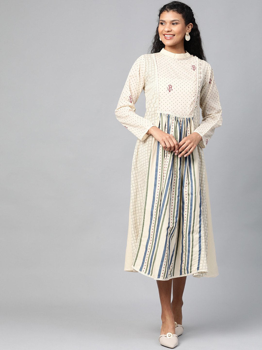 TJORI Women Off-White & Blue Handloom Handblock Printed A-Line Dress