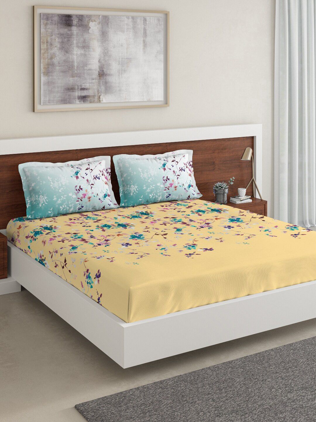 DDecor Yellow & Turquoise Blue Floral 140 TC Cotton 1 Queen Bedsheet with 2 Pillow Covers