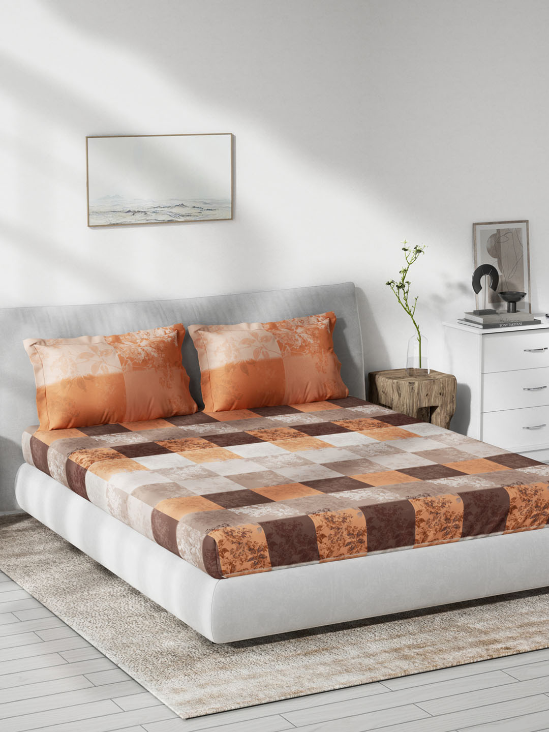 DDecor Brown Geometric Cotton 140 TC Queen Bedsheet with 2 Pillow Covers-254 x 274 cm