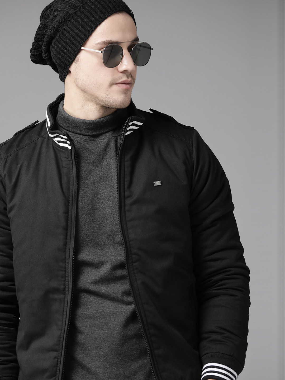 Roadster Men Black Pure Cotton Solid Varsity Jacket