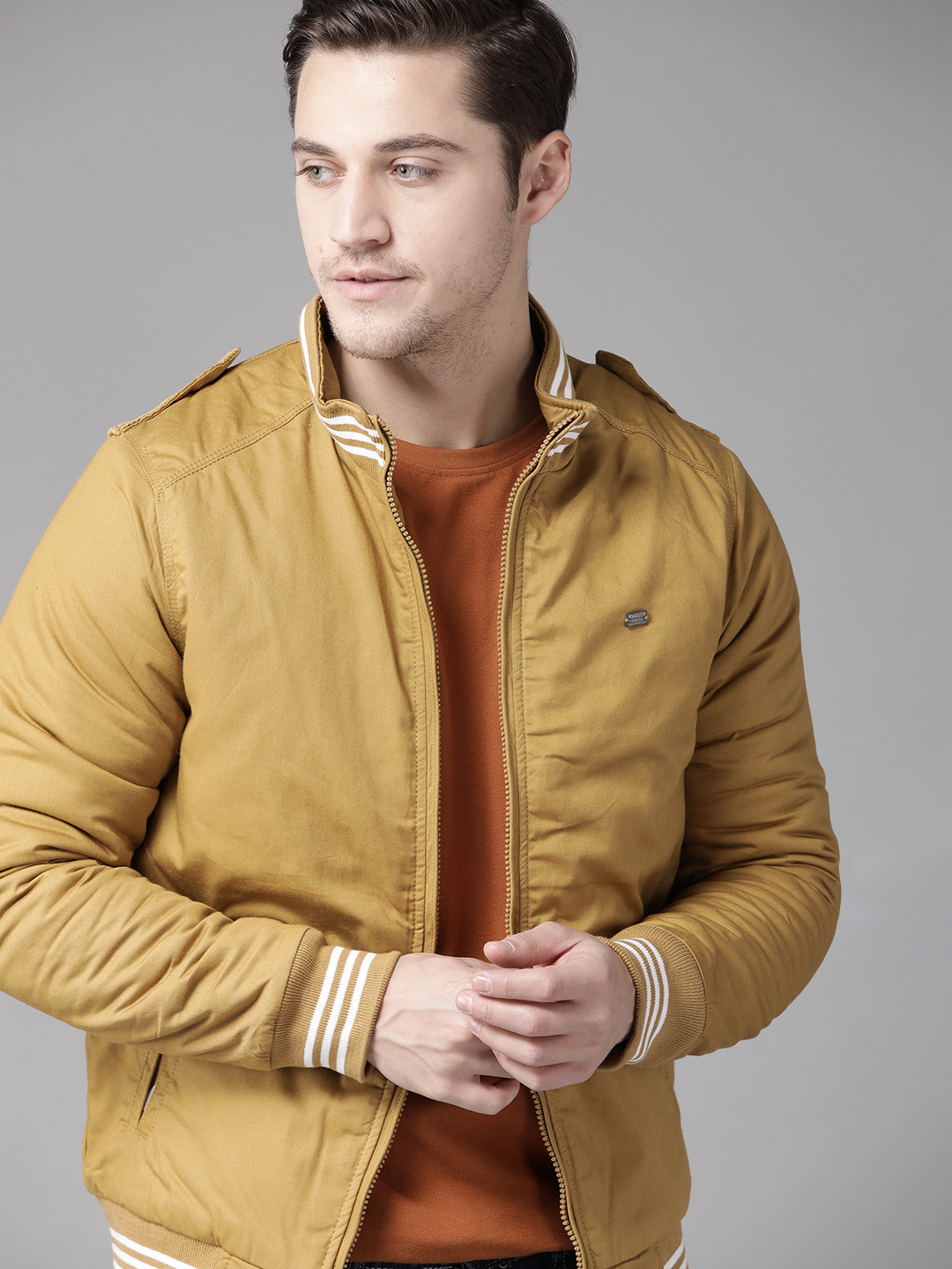 Roadster Men Mustard Yellow Pure Cotton Solid Varsity Jacket