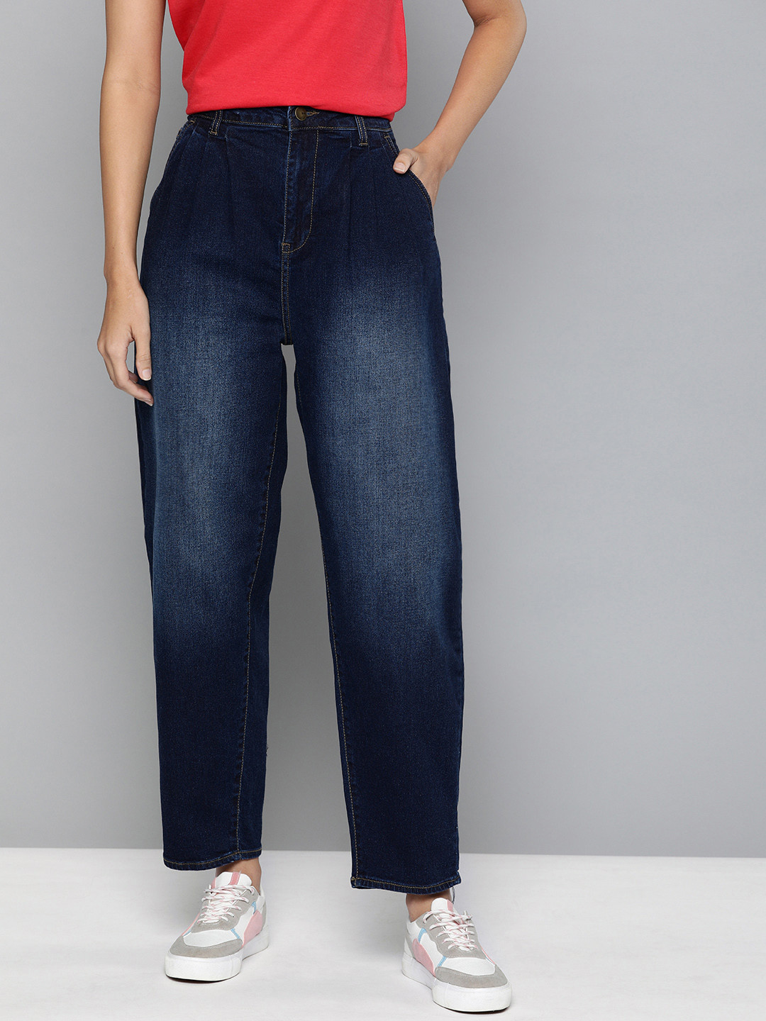 Mast & Harbour Women Blue Cropped Slouch Fit High-Rise Clean Look Stretchable Jeans