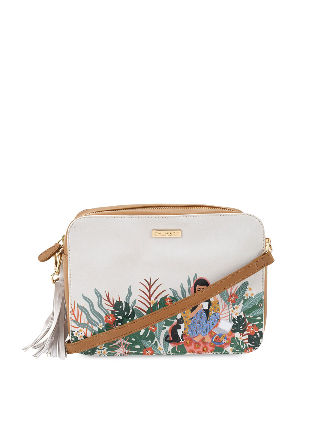 Chumbak Off-White & Tan Printed Sling Bag