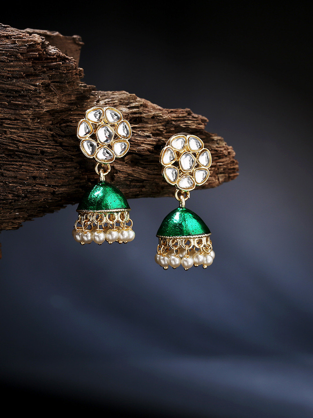 LAIDA Gold-Toned & Green Dome Shaped Jhumkas