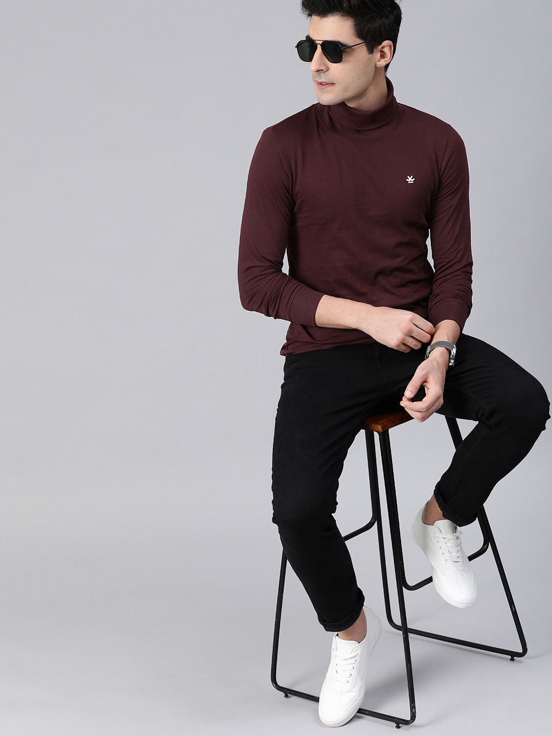 WROGN Men Maroon Solid Slim Fit Turtle Neck  Cotton T-shirt