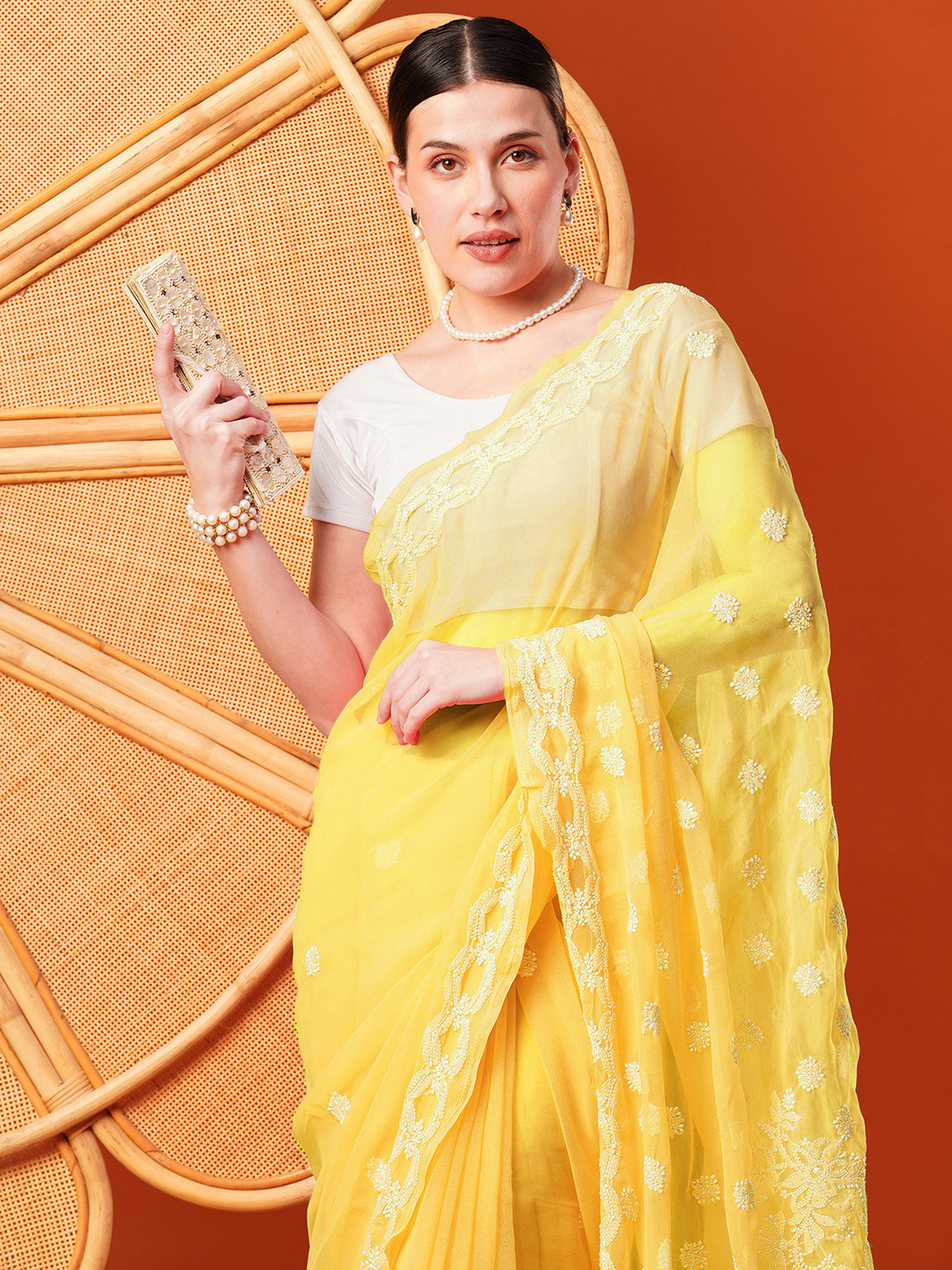 ADA Yellow & White Chikankari Hand Embroidered Handloom Saree