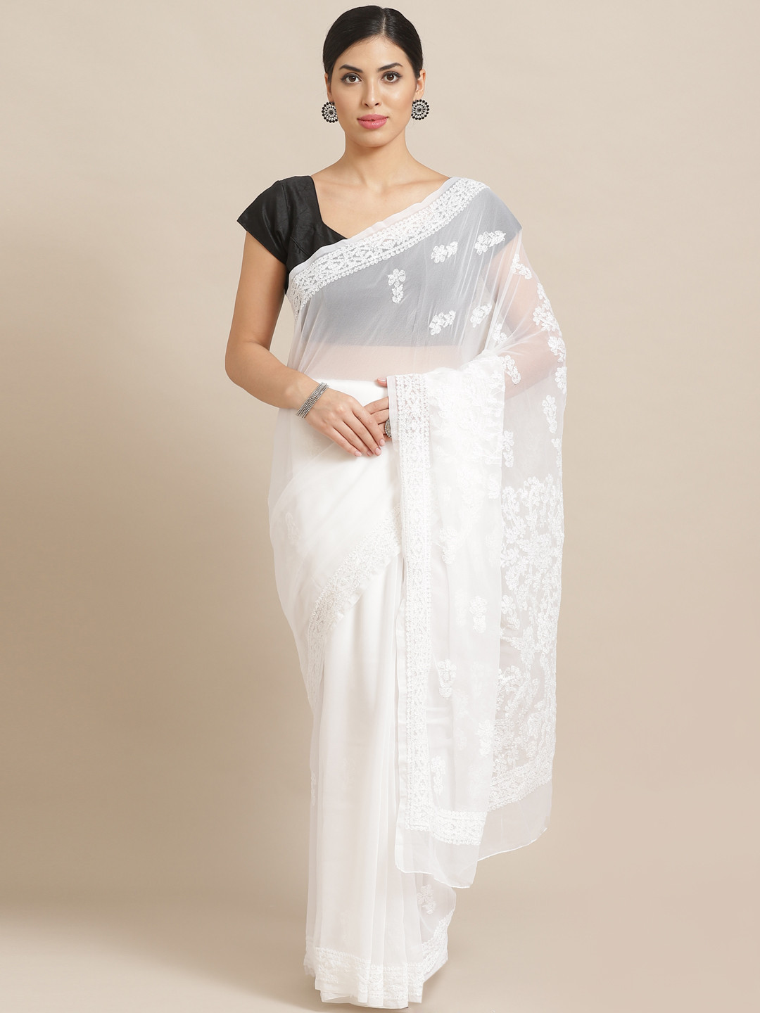 ADA White Chikankari Embroidered Saree
