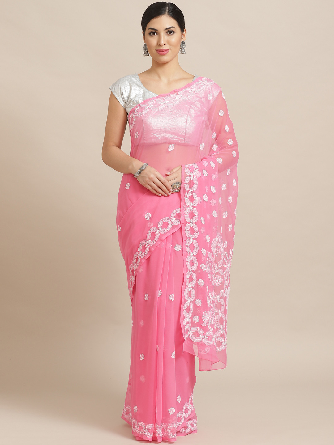 ADA Pink & White Chikankari Hand Embroidered Sustainable Handloom Saree