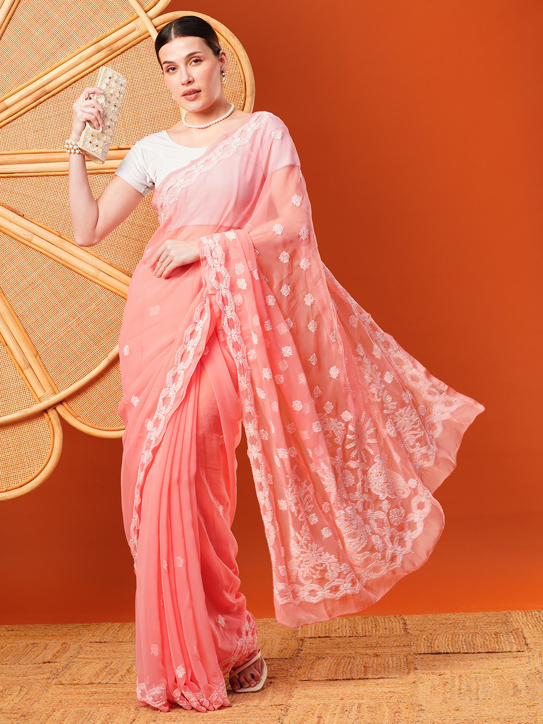 ADA Peach-Coloured & White Chikankari Hand Embroidered Handloom Saree