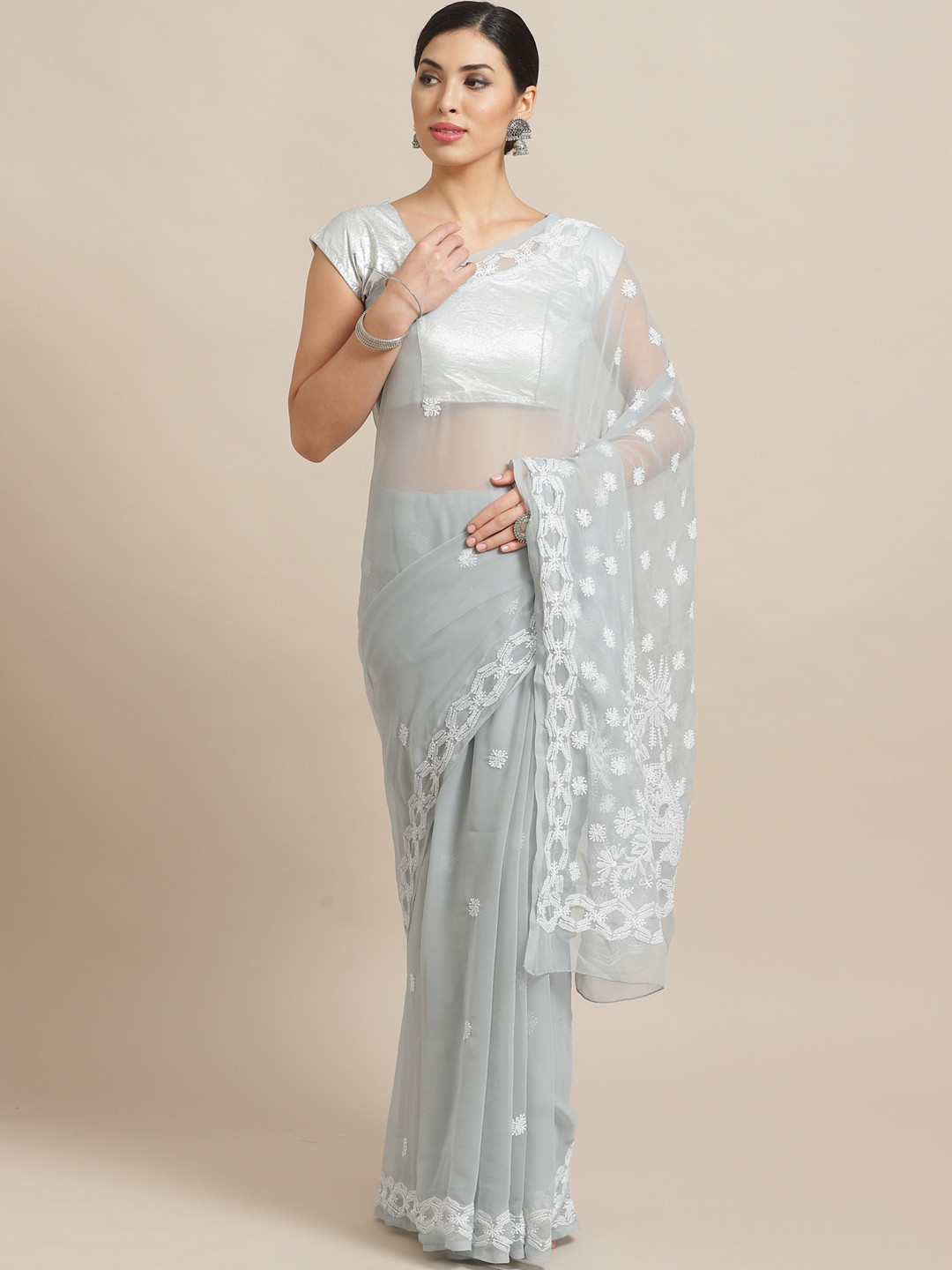 ADA Grey & White Chikankari Embroidered Saree