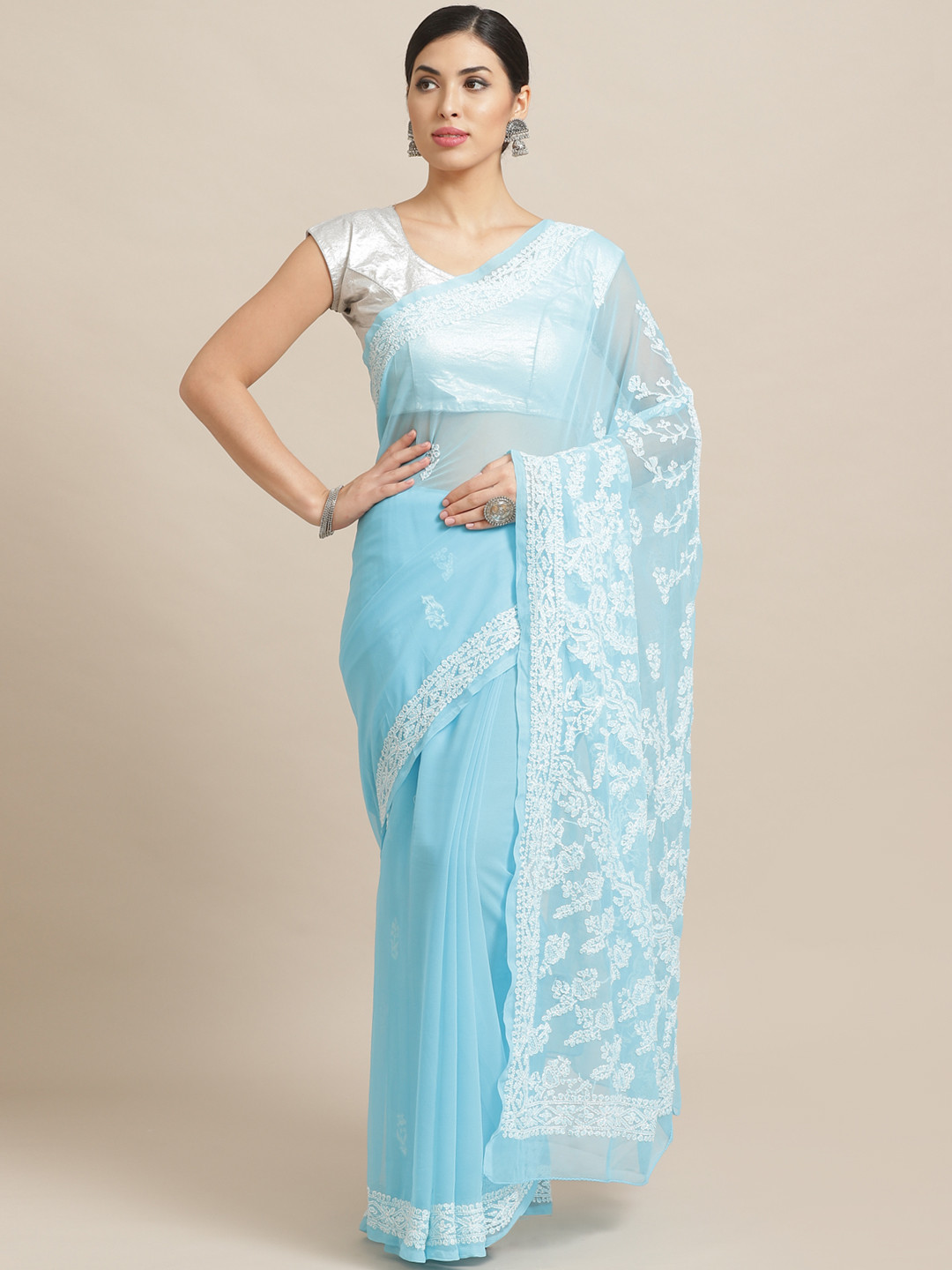 ADA Blue & White Chikankari Embroidered Saree