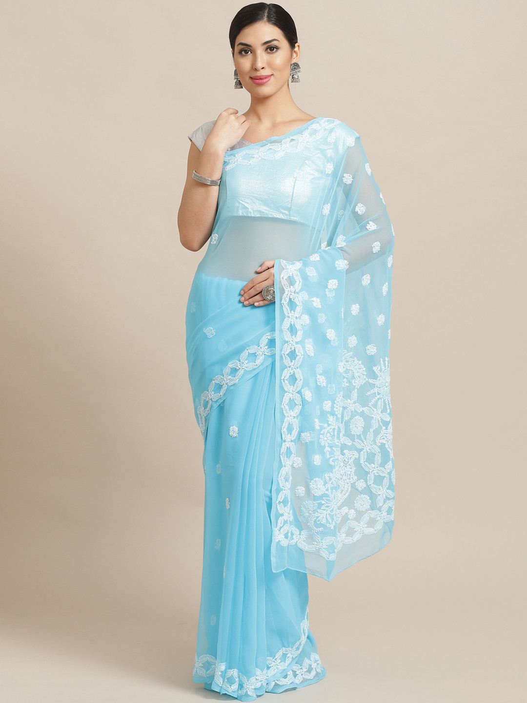 ADA Blue & White Chikankari Embroidered Handloom Saree