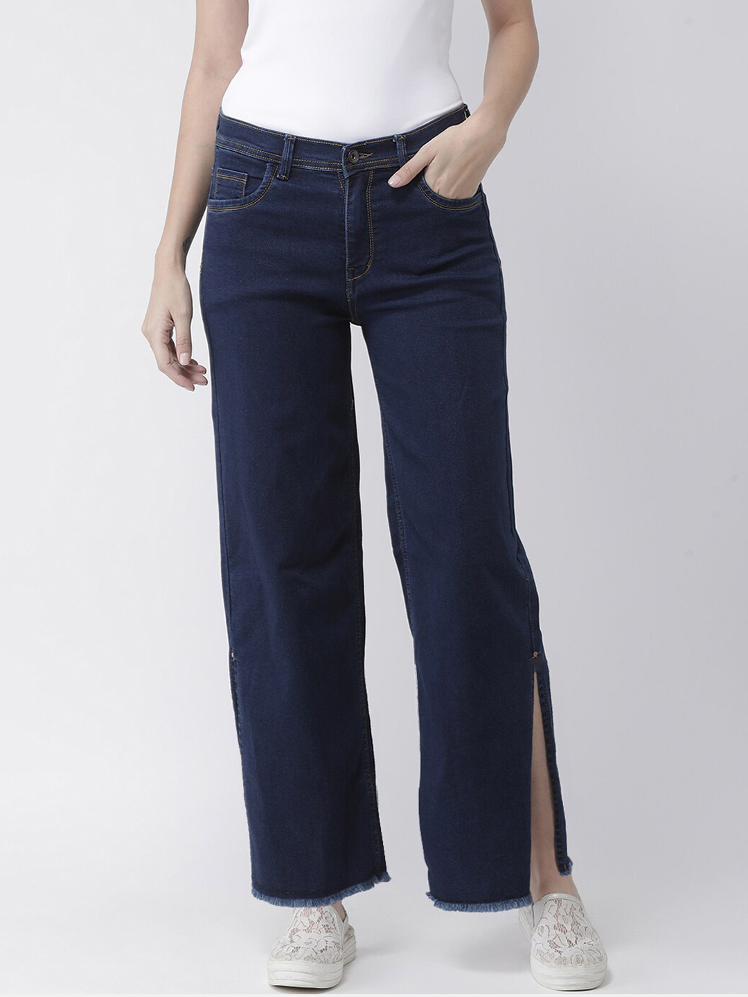 KASSUALLY Women Blue Wide Leg Mid-Rise Low Distress Jeans