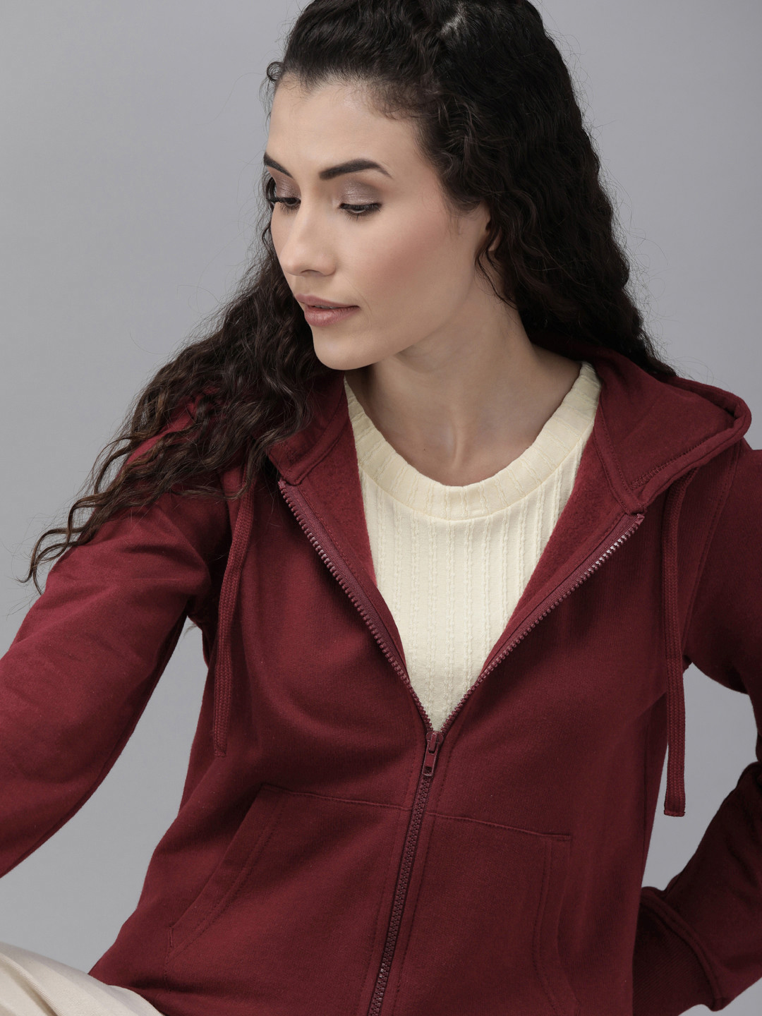 Roadster GreenTurn Women Maroon Solid Hooded Sweatshirt