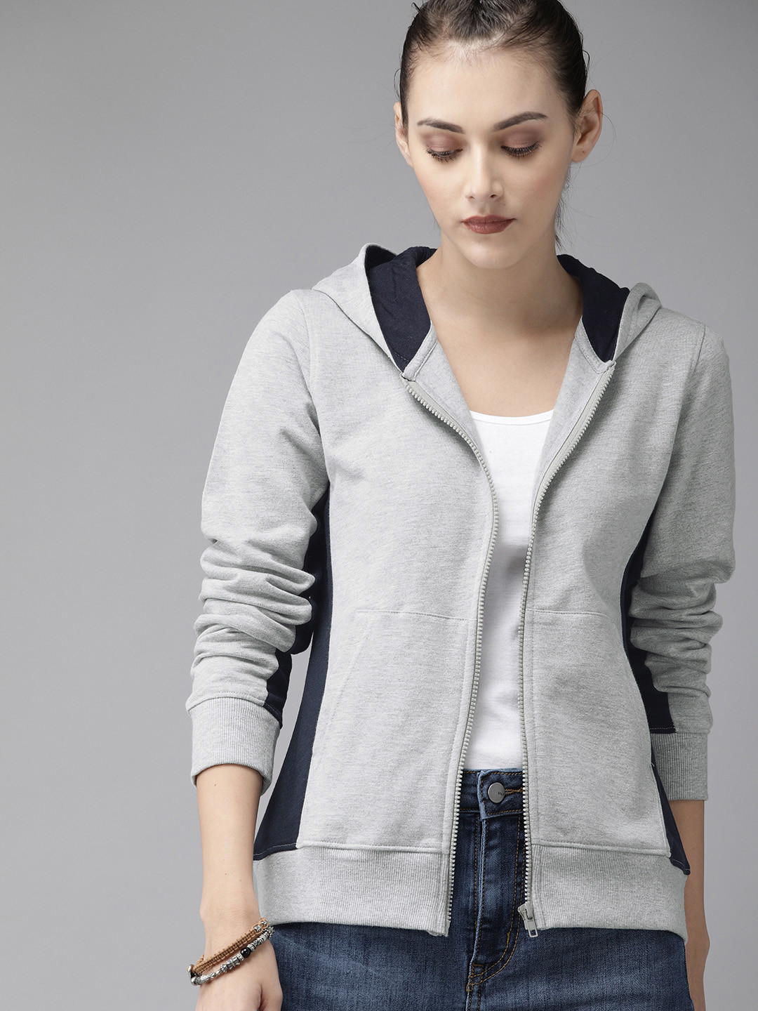 Roadster Women Grey Solid Greenturn Hooded Sweatshirt