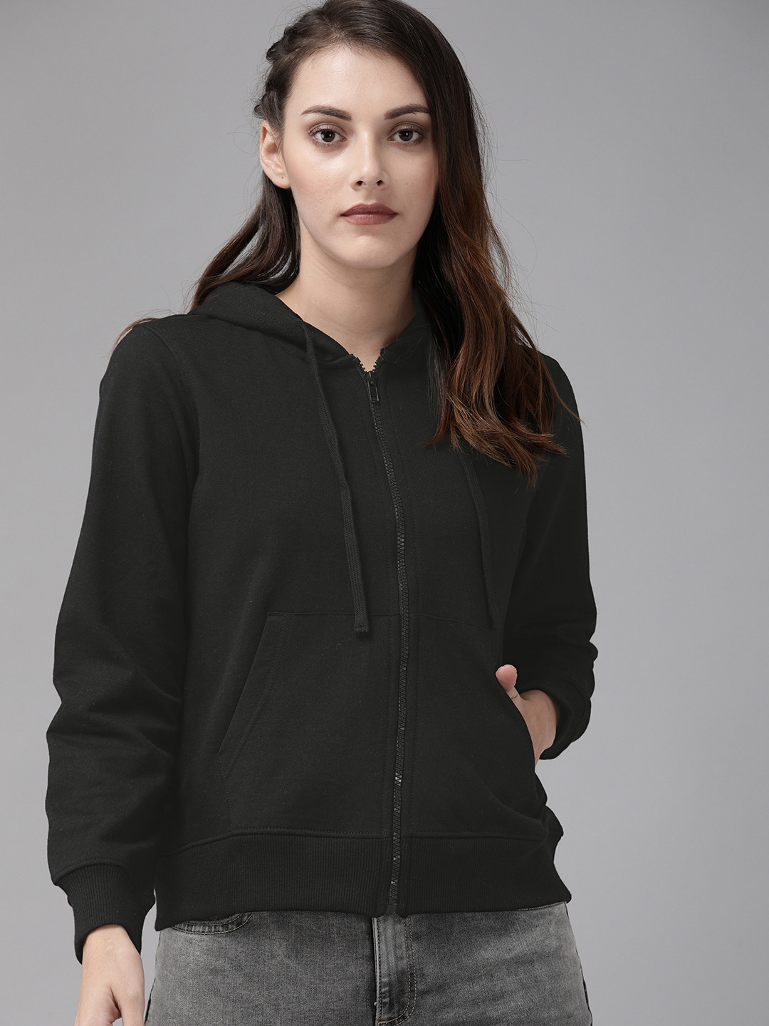 Roadster Women Black Solid Hooded Front-Open Green Turn Sweatshirt