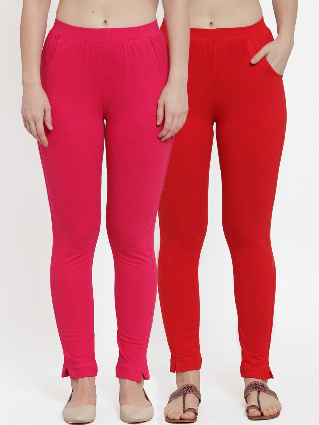 TAG 7 Women Pack Of 2 Red & Pink Solid Straight-Fit Ankle-Length Leggings