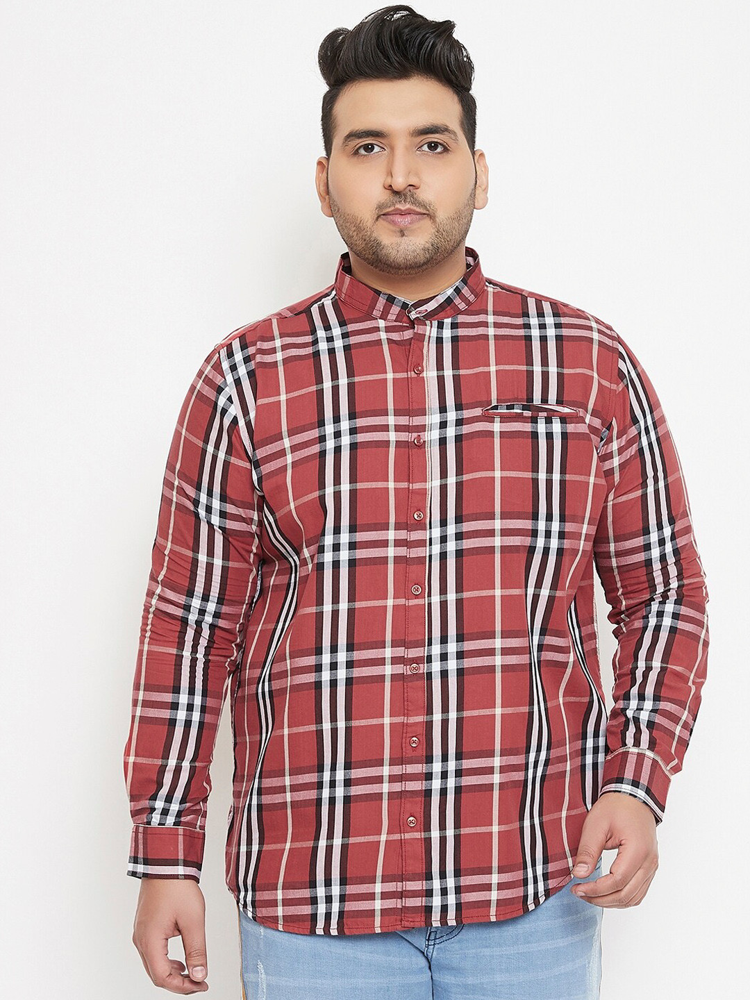 Instafab Plus Men Size Windowpane Checked Mandarin Collar Cotton Casual Shirt