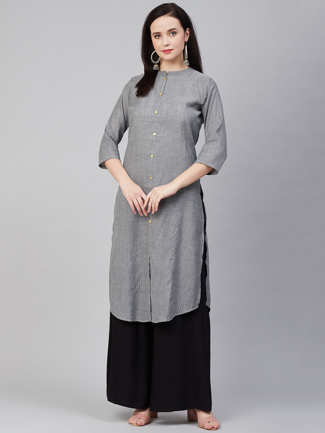 Bhama Couture Women Charcoal Grey & White Self-Striped Straight Kurta