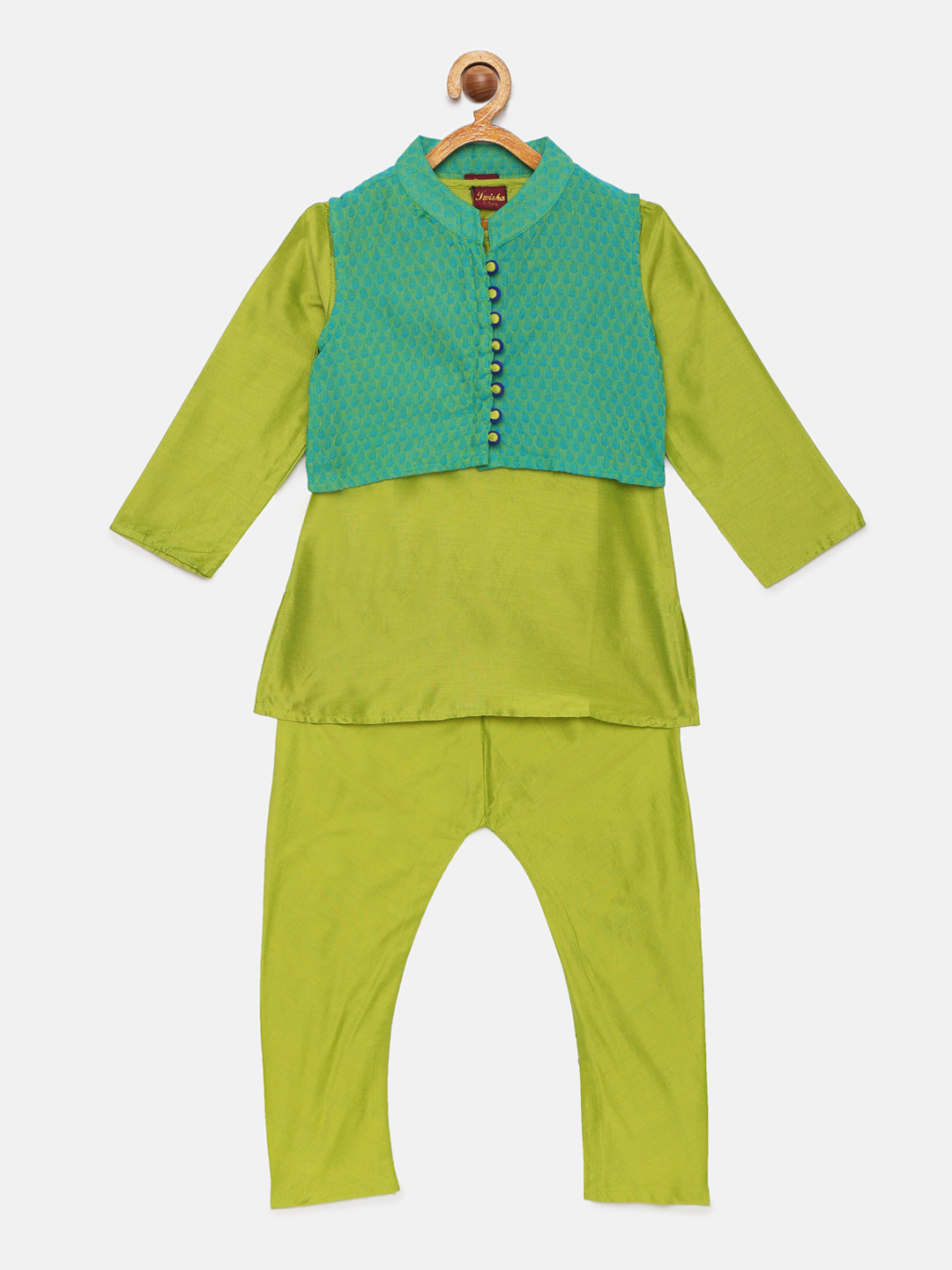 Twisha Boys Green Solid Kurta with Pyjamas