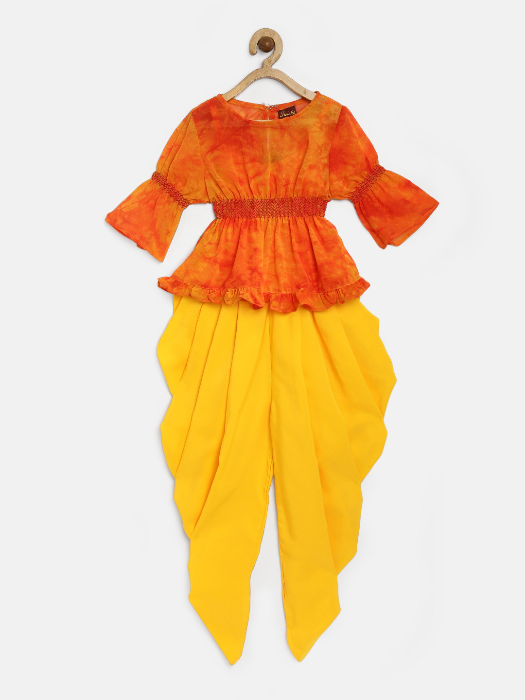 Twisha Girls Coral Red & Yellow Printed Top with Dhoti Pants