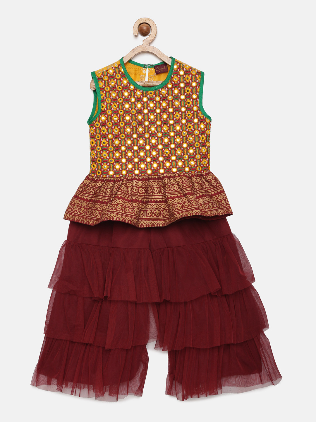 Twisha Girls Maroon & Yellow Embroidered Top with Sharara