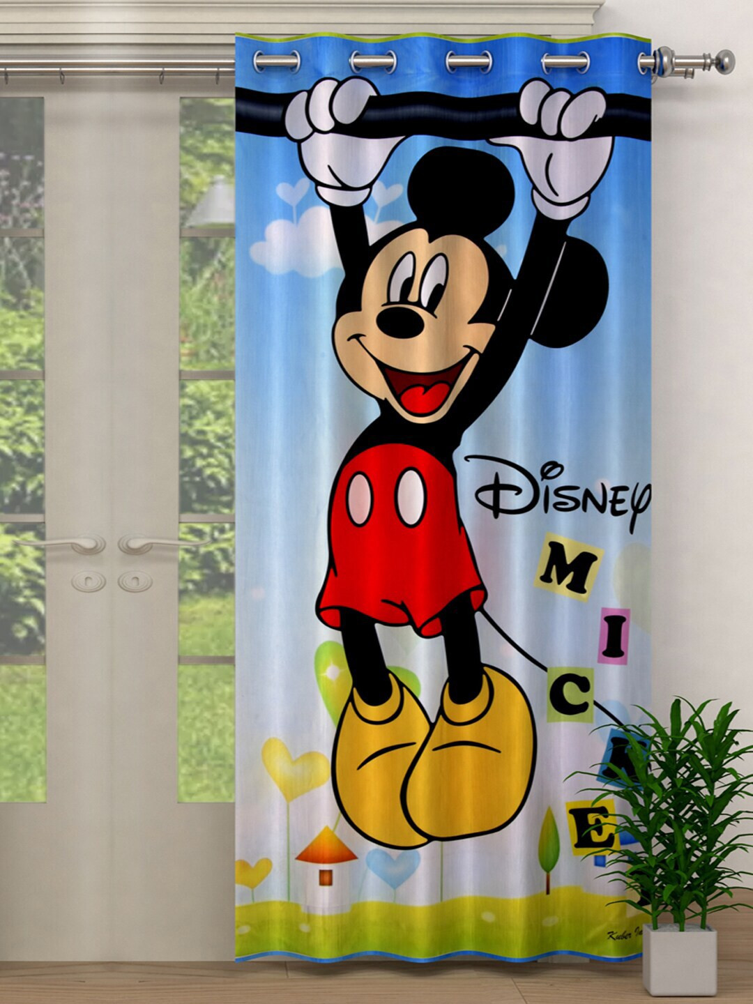 Kuber Industries Blue & Red Disney Mickey Print Single Door Curtain
