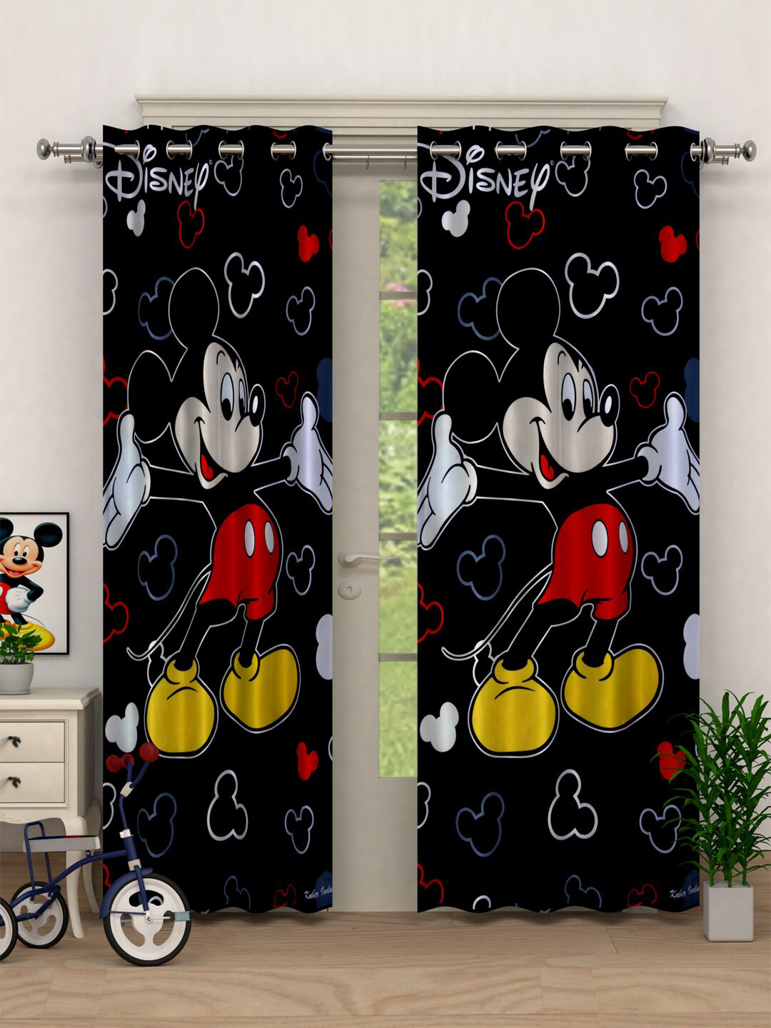 Kuber Industries Black & Red Set of 2 Door Disney Mickey Curtains