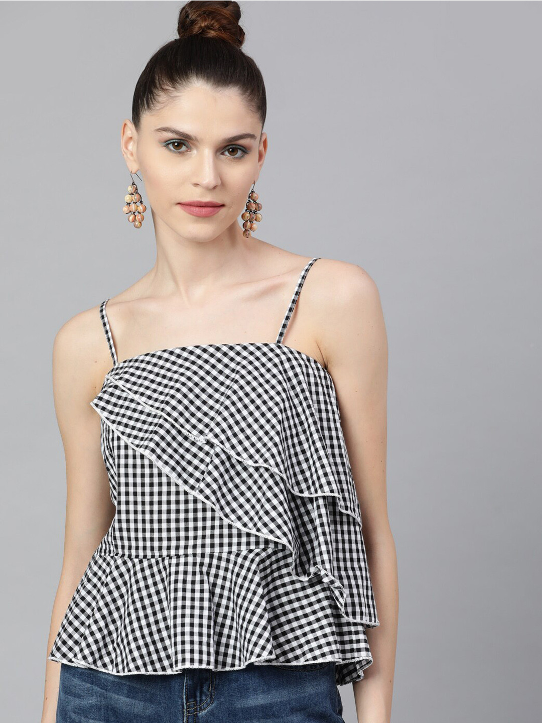 STREET 9 Women Black Checked Peplum Pure Cotton Top