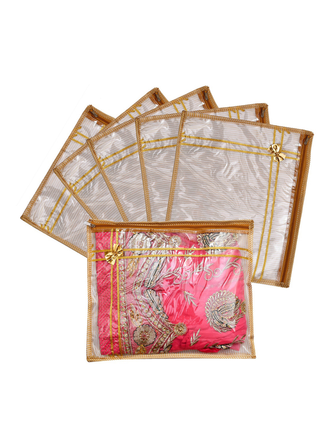 Kuber Industries Set Of 6 Gold-Coloured & Transparent Solid Single Packing Saree Cover Organizers