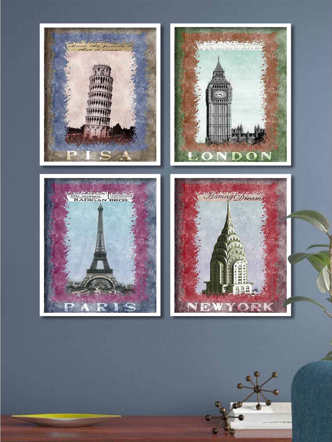 Art Street Set Of 4 Multicoloured Pisa, London, Paris & New York Framed Canvas Wall Art