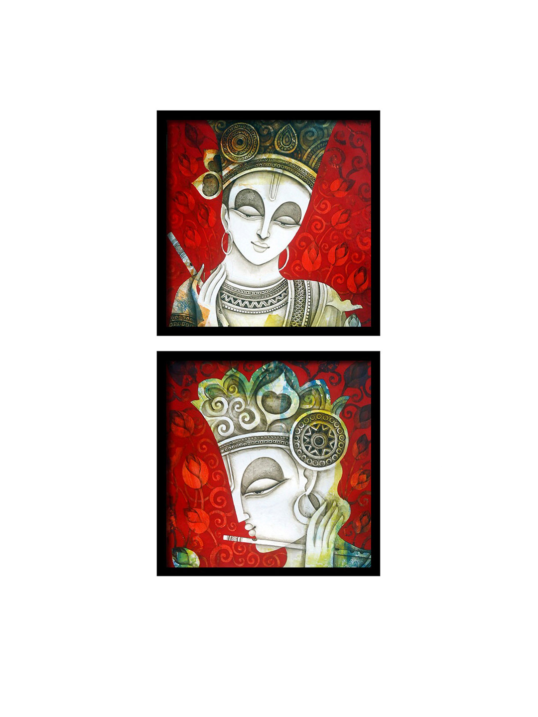 Art Street Set Of 2 Red & White Krishna With Flute Framed Canvas Wall Art