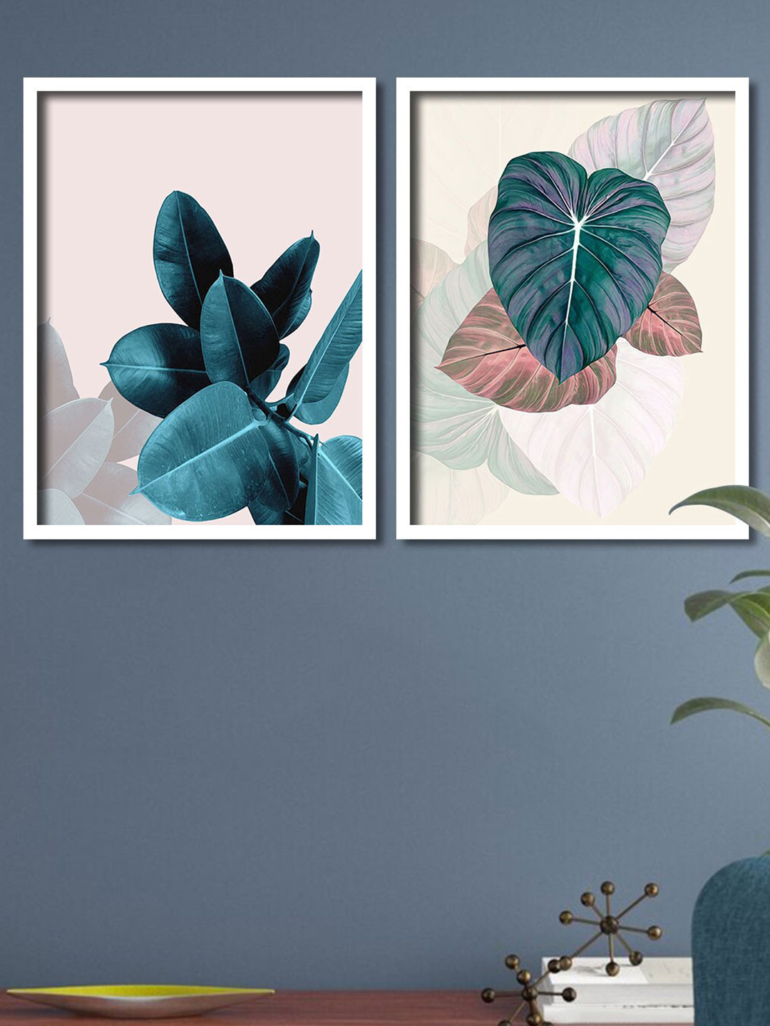 Art Street Set Of 2 Teal Green & Pink Leaves Tropical Framed Canvas Wall Art
