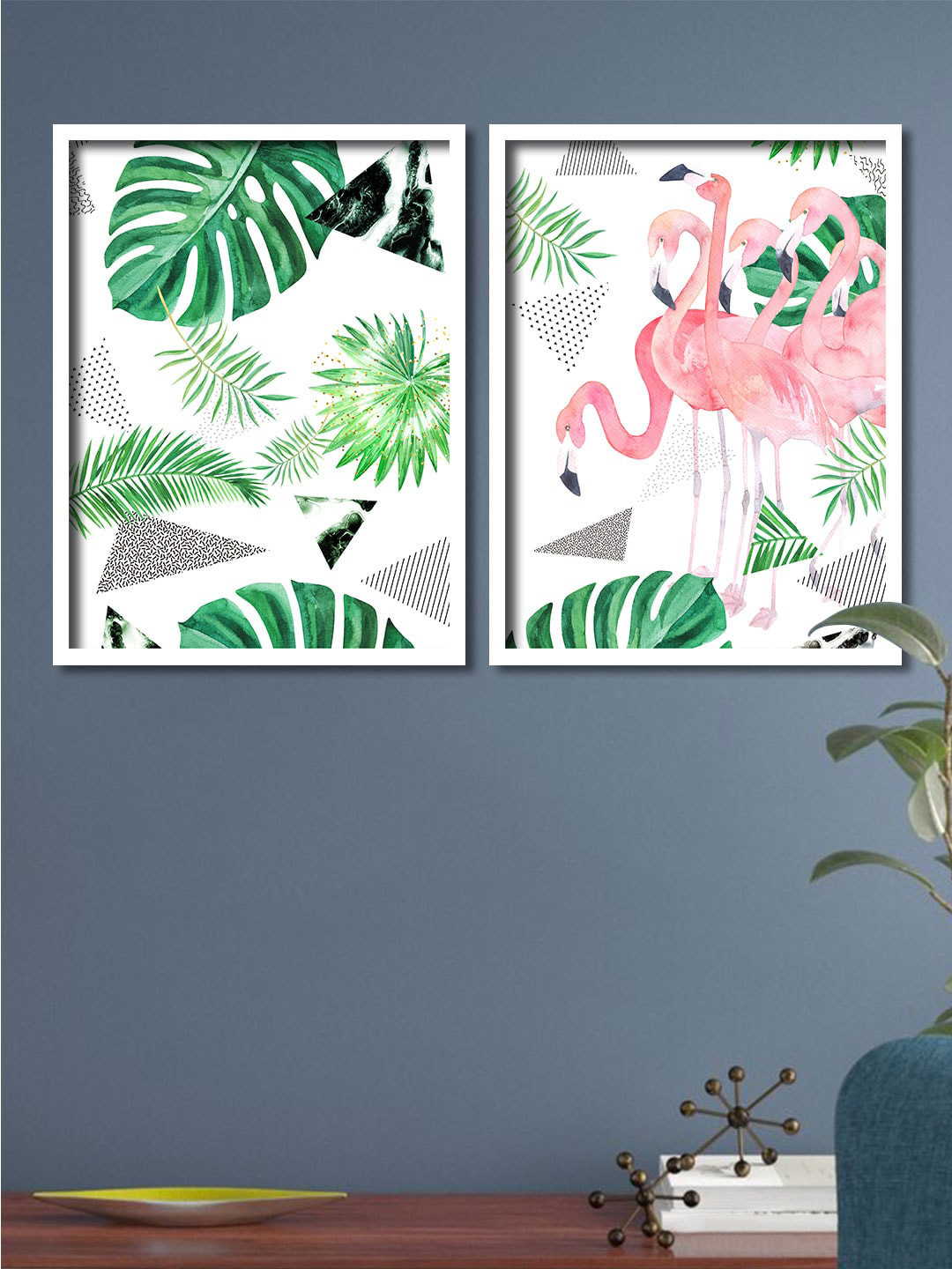 Art Street Set Of 2 Green & Pink Flamingos & Monestra Framed Canvas Wall Art