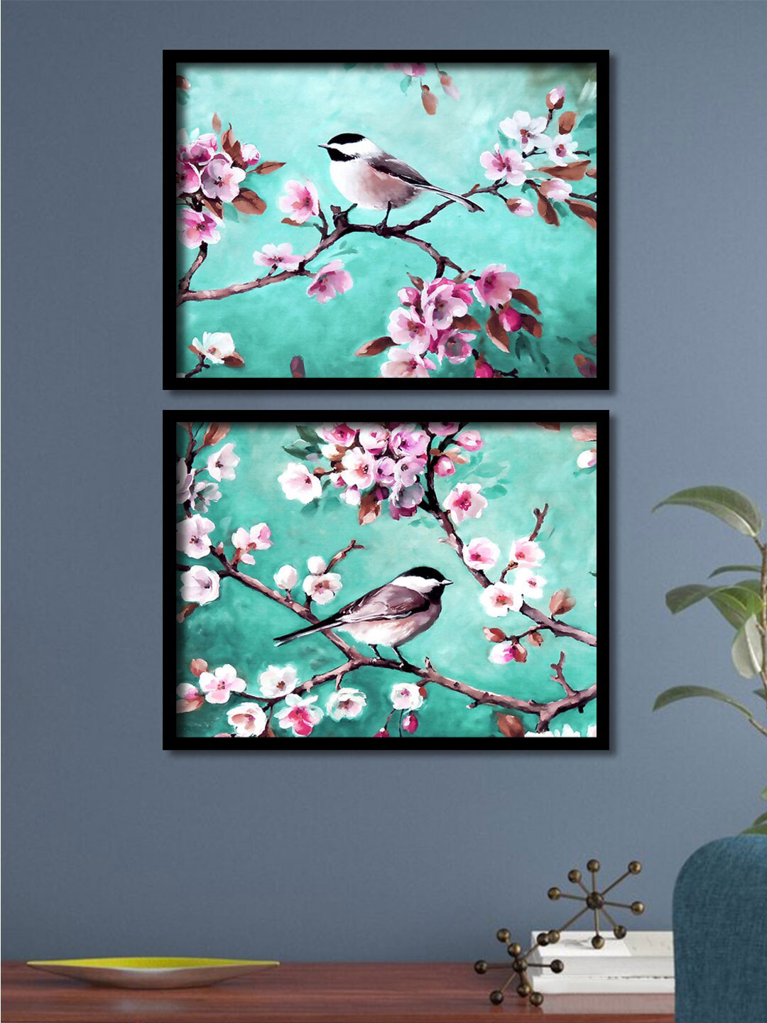 Art Street Set Of 2 Green & Pink Seasonal Bird Framed Canvas Wall Art