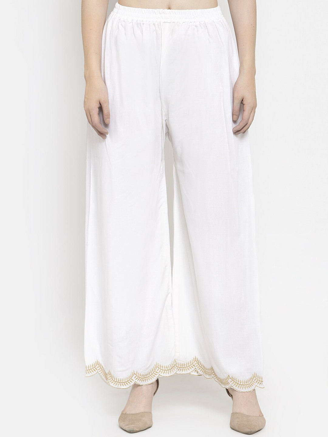 Clora Creation Women White Hem Design Straight Palazzos