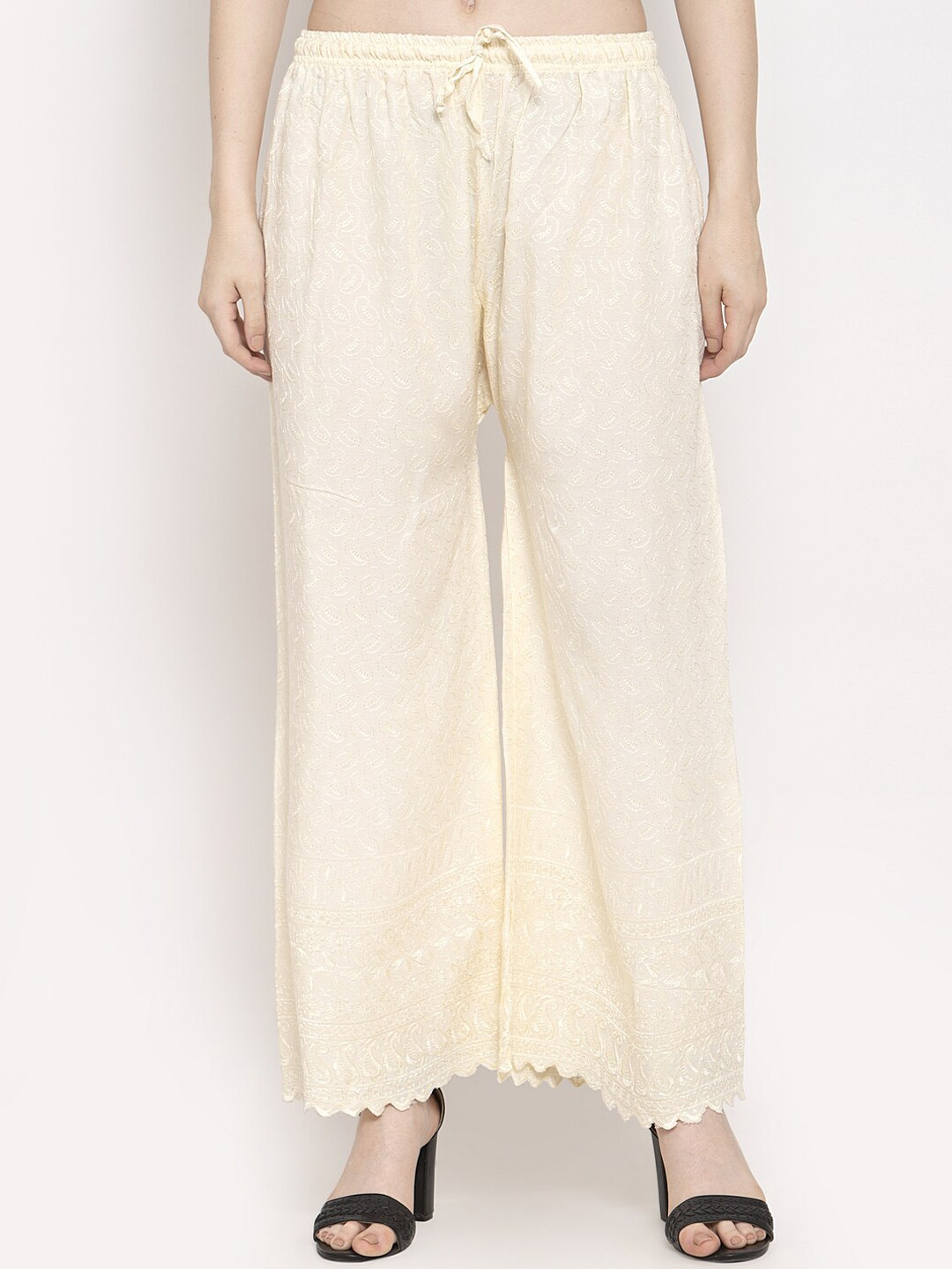 Clora Creation Women Cream-Coloured Self Design Straight Palazzos