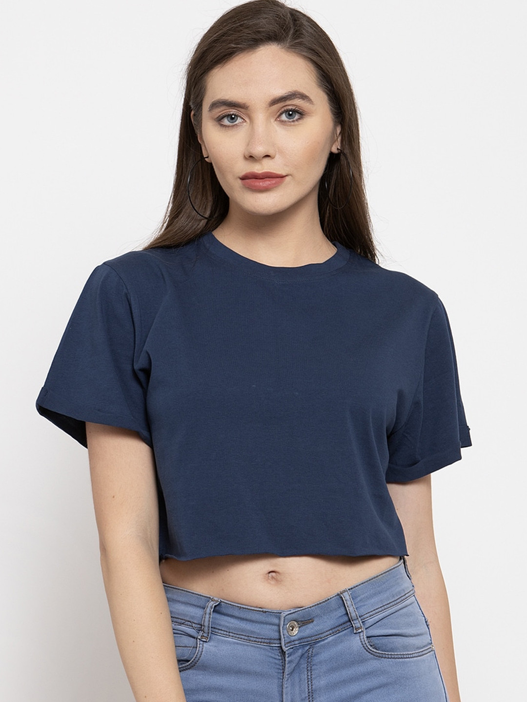 DOOR74 Women Navy Blue Solid Round Neck T-shirt