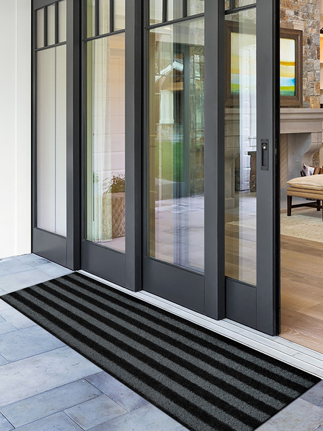 Kuber Industries Unisex Black & Grey Striped Rubber Anti Slip Large Sized Door Mat