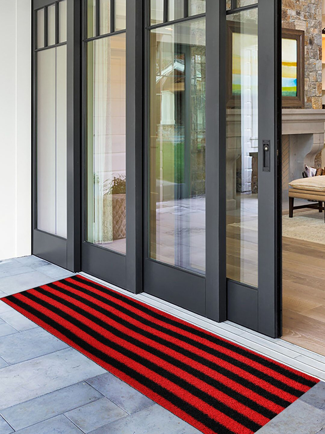 Kuber Industries Unisex Red & Black Striped Anti Slip Large Sized Door Mat
