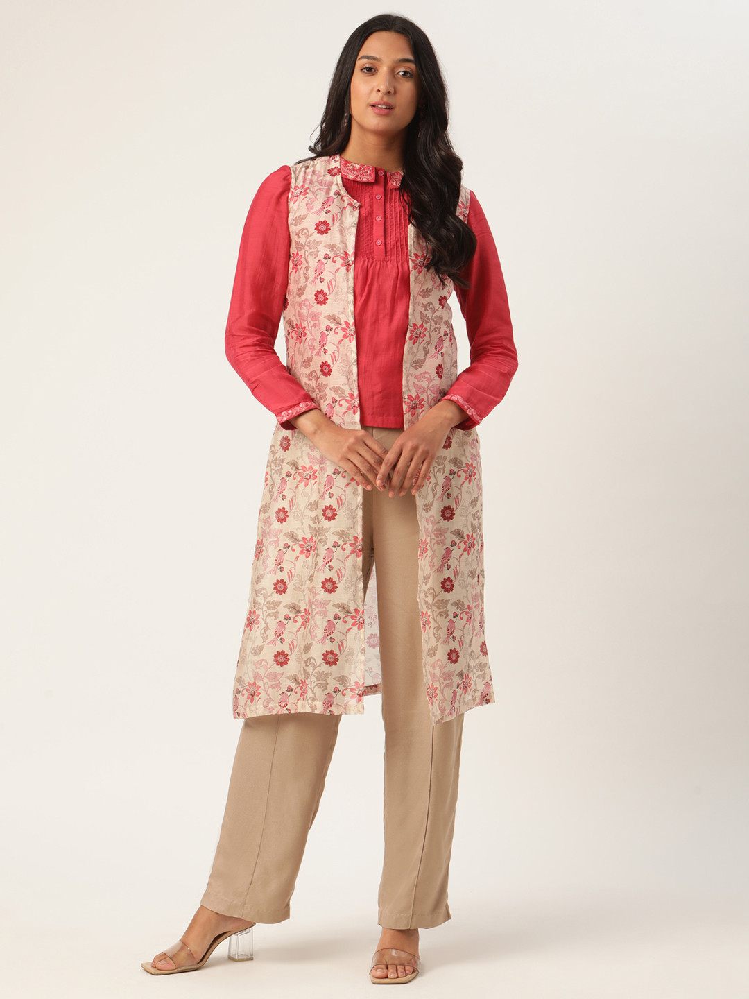 ROOTED Women Off-White & Pink Floral Printed Shrug