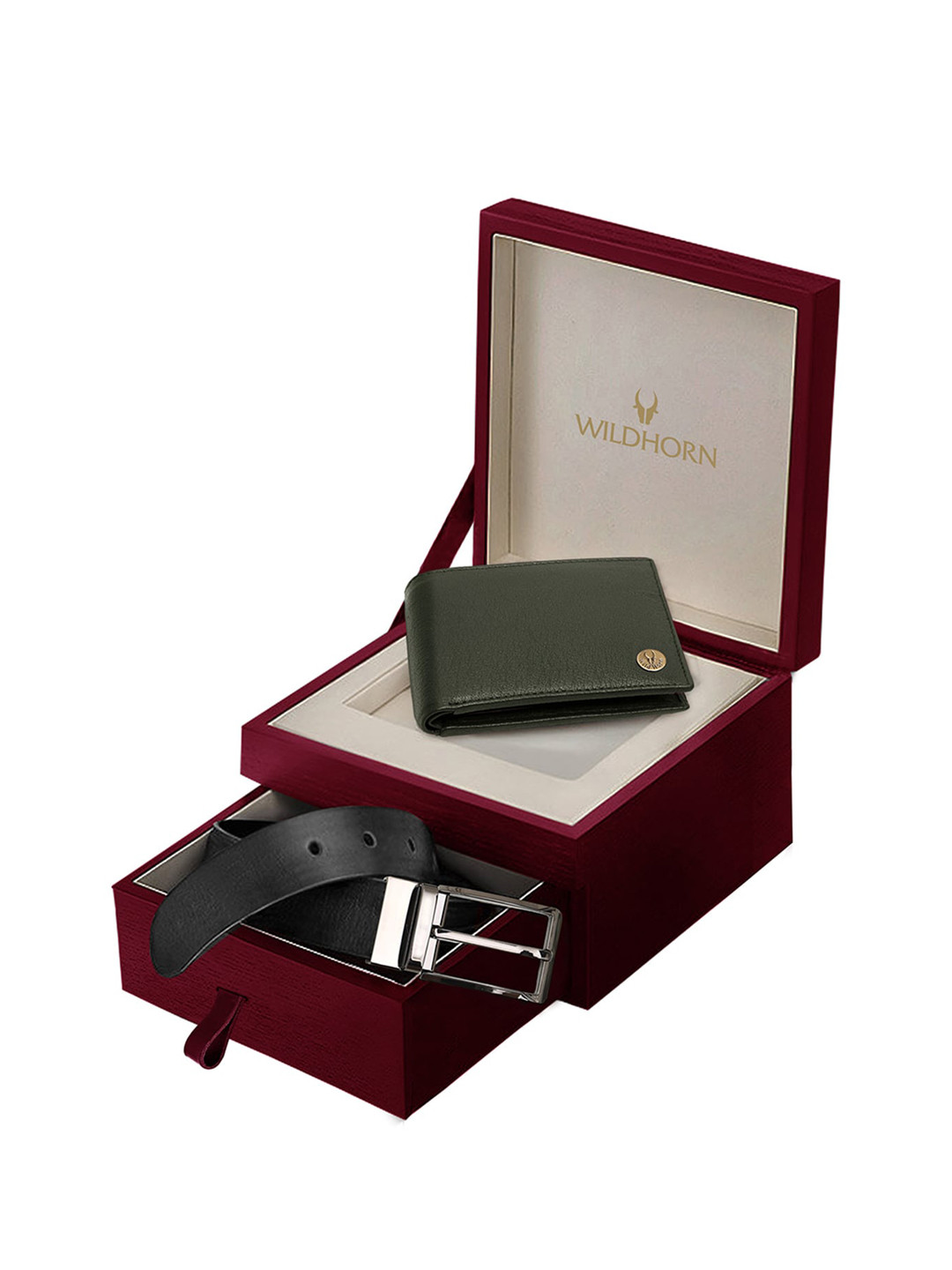 WildHorn Men Green & Black Genuine Leather RFID Protected Wallet & Belt Combo Gift Set
