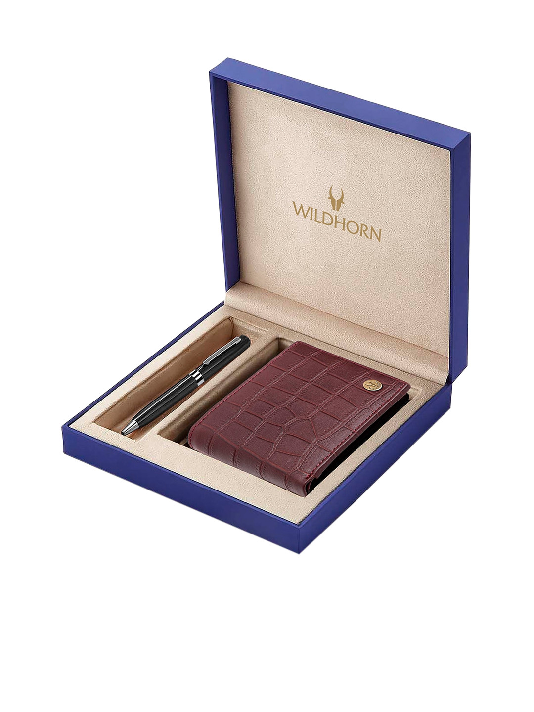 WildHorn Men Maroon & Black RFID Protected Genuine Leather Wallet & Pen Accessory Gift Set