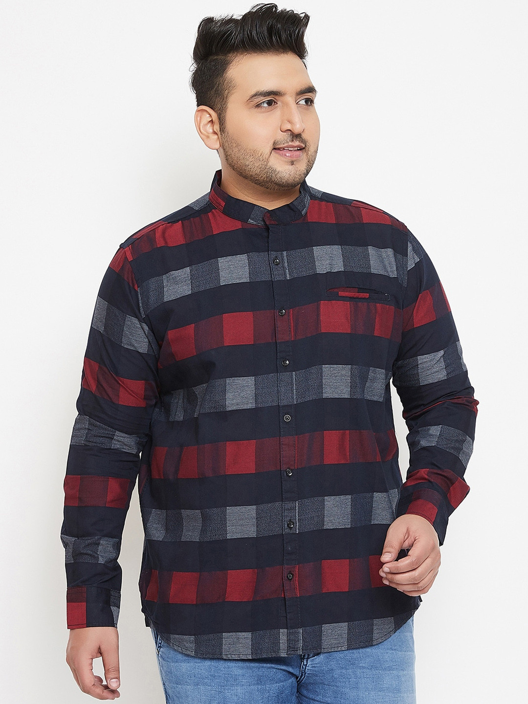 Instafab Plus Size Men Navy Blue & Red Checked Casual Shirt